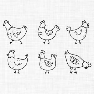 May include: A collection of six hand-drawn black and white chicken illustrations. Each chicken has a unique pose, with varying details in their feathers and combs. The drawings are simple and whimsical, perfect for a farm or animal-themed design.