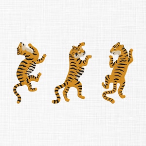 May include: Three cartoon tigers in playful poses. Each tiger has a yellow body with black stripes and is set against a white background. The tigers are in different positions, with their paws raised.