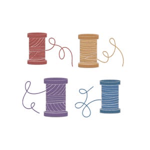 May include: An illustration of four spools of thread in various colors: red, tan, purple, and blue. Each spool has a corresponding thread color that is loosely wound and extends from the spool. The spools are arranged in a 2x2 grid.