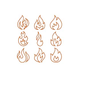 May include: A collection of nine distinct orange flame icons arranged in a three-by-three grid. Each icon features a simple, bold outline of a fire shape with varying curves and points, presented as a graphic set on a plain white background.