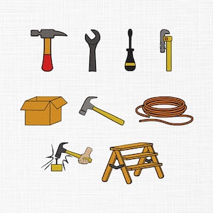 Può includere: Illustrazione di vari strumenti, tra cui martello, chiave inglese, cacciavite, chiave per tubi, scatola di cartone, rotolo di filo e scala a pioli. Gli strumenti sono in vari colori, come giallo, rosso, grigio e marrone.