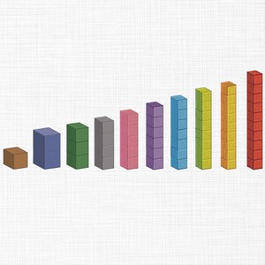 Puede incluir: Un conjunto de diez columnas verticales dispuestas en orden ascendente de altura, cada una compuesta por bloques cuadrados apilados en colores distintos que incluyen marrón, azul, verde, gris, rosa, morado, azul claro, verde lima, amarillo y rojo.