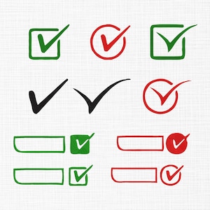 May include: A collection of hand-drawn checkmark illustrations in green, red, and black. The checkmarks are inside squares, circles, and as standalone symbols. The design is simple and clean, suitable for various applications.