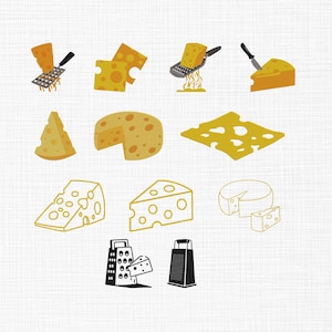 May include: A collection of cheese illustrations in various shapes and styles. The image includes wedges, slices, and blocks of cheese, some with holes, and cheese graters. The cheese is primarily yellow and orange, with black and white accents.