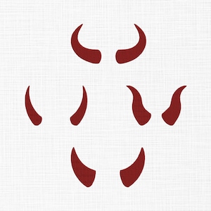 May include: Several red devil horns of varying sizes and orientations are displayed against a white backdrop. The horns are curved and appear solid. The arrangement suggests a design element or a thematic illustration.