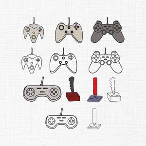 Puede incluir: Una colección de mandos de videojuegos ilustrados en varios estilos y colores, incluyendo gris, negro y rojo. Los mandos se representan con una estética sencilla, de línea, adecuada para los entusiastas de los juegos.
