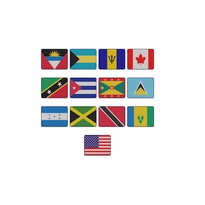 May include: A collection of thirteen rectangular embroidered patches featuring national flags. The flags include Antigua and Barbuda, Bahamas, Barbados, Canada, Saint Kitts and Nevis, Cuba, Grenada, Saint Lucia, Honduras, Jamaica, Trinidad and Tobago, Saint Vincent and the Grenadines, and the United States of America.