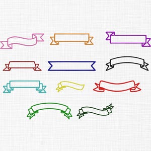 May include: A collection of ten colorful ribbon banners in various shapes and colors. The banners include pink, orange, purple, red, blue, black, teal, yellow, green, and dark green. Each banner is outlined with a thin line.