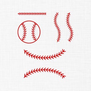 Puede incluir: Un diseño de béisbol con elementos de costura rojos sobre un fondo blanco. La imagen incluye una pelota de béisbol, costuras curvas y costuras rectas, ideal para manualidades o diseños con temática deportiva.