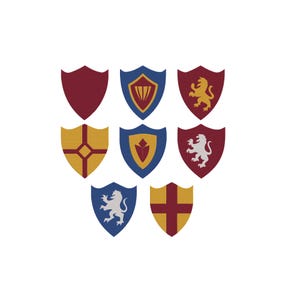 May include: A collection of eight heraldic shields arranged in three rows. The shields feature various designs including a solid maroon shield, a blue shield with a gold chevron, a maroon shield with a gold lion, a gold shield with a maroon cross, a blue shield with a maroon emblem, a maroon shield with a white lion, a blue shield with a white lion, and a gold shield with a maroon cross.