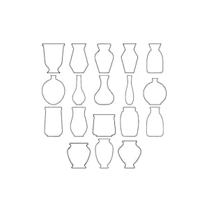 May include: A collection of 18 black outline drawings of vases in various shapes and sizes. The vases range from tall and slender to short and round, with different neck and base designs. The image is on a white background.