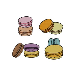 May include: An illustration of several colourful macarons. The macarons are in various colours, including pink, orange, yellow, purple, and brown. Each macaron has a textured appearance and is stacked in pairs or trios.