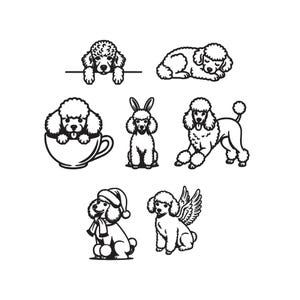 Könnte beinhalten: Eine Sammlung von sieben schwarz-weißen Pudel-Illustrationen in verschiedenen Posen. Ein Pudel schaut über eine Linie, ein anderer liegt zusammengerollt und schläft, und einer befindet sich in einer Teetasse. Andere Pudel tragen Hasenohren, Engelsflügel und einen Weihnachtsmannhut.