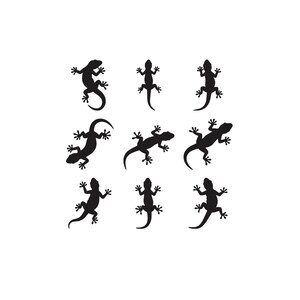 Puede incluir: Una colección de nueve siluetas de lagartos negros dispuestas en una cuadrícula de tres por tres. Cada lagarto se muestra en una pose distinta, con diversas orientaciones del cuerpo, la cabeza y la cola, y dedos claramente visibles en cada figura.