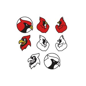 May include: A collection of eight cardinal bird illustrations in various poses. The birds are primarily red, black, and white, with yellow beaks. Some are in circles, while others are standalone designs. The style is graphic and bold.