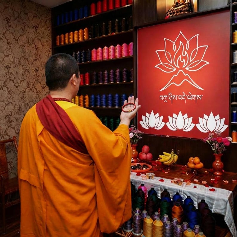 May include: A person in an orange robe holds a bracelet in front of a red sign with a white lotus flower design and text. Shelves filled with colourful spools of thread are visible in the background. A table displays fruit and flowers.
