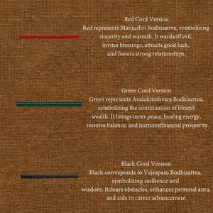 May include: A textured brown background with three coloured lines: red, green, and black. Text explains the symbolism of each colour: red for sincerity, green for inner peace, and black for resilience. A guide to cord colours.