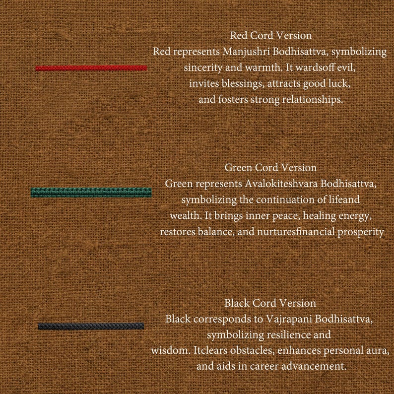 May include: A textured brown background with three coloured lines: red, green, and black. Text explains the symbolism of each colour: red for sincerity, green for inner peace, and black for resilience. A guide to cord colours.