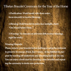 May include: A sepia-toned background with textured details displays text about a Tibetan Bracelet Ceremony for the Year of the Horse. The text provides instructions on purification, blessing, and wearing etiquette.