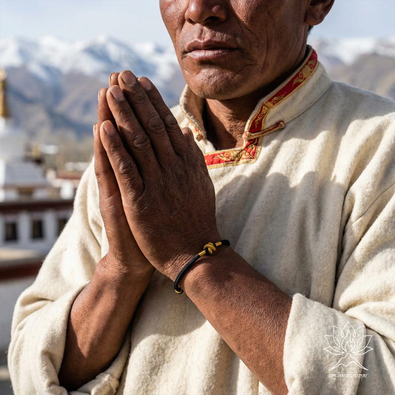 May include: A black and gold bracelet is visible on a person's wrist. The bracelet features a black band and a gold-coloured knot design. The person is wearing a cream-coloured shirt with red and gold trim around the collar.
