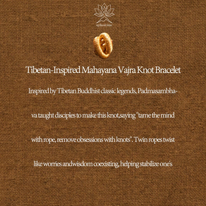 May include: A gold Vajra knot bracelet, inspired by Tibetan Buddhist traditions. The image shows the bracelet against a textured brown background, with text detailing its significance and origin.