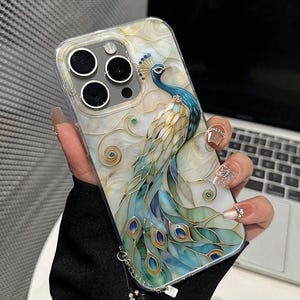 Funda iPhone diseño pavo real artístico elegante transparente estética lujo