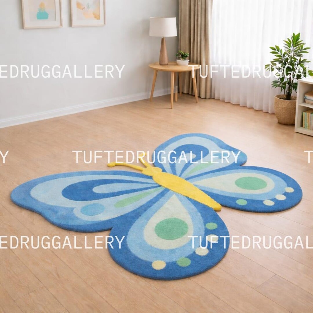Hand Tufted Blue Butterfly Rug - Large Shaped Area Rug for Kids Room ...