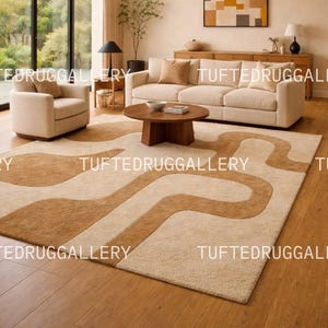 Stor abstrakt geometrisk ullmatta - Organisk modern vågig mönstrad matta i terrakotta och beige - Handtuftad matta från mitten av århundradet bild 4