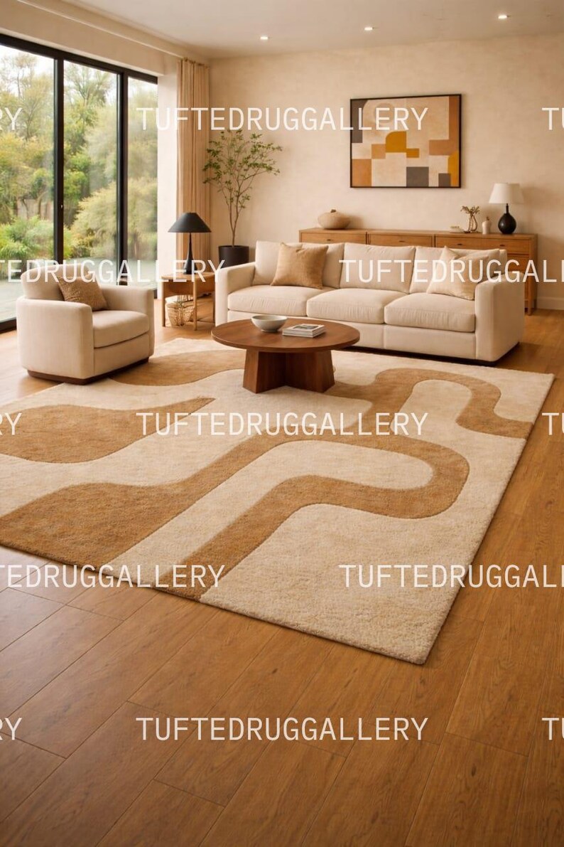 Stor abstrakt geometrisk ullmatta - Organisk modern vågig mönstrad matta i terrakotta och beige - Handtuftad matta från mitten av århundradet bild 4