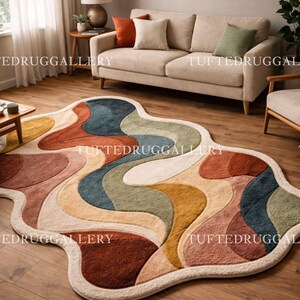 Handmade Wavy Irregular Rug, Colorful Mid-Century Modern Area Rug Aesthetic Retro Abstract Tufted Carpet for Living Room, Funky Squiggle Rug