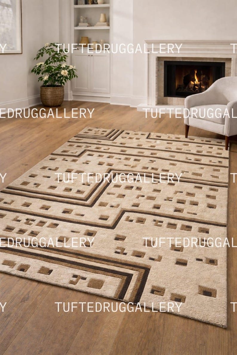 Fwn Pattern Rug Frank Lloyd Wright Inspired Geometric Wool Rug - Modern Prairie Style ...