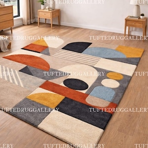 Modern Abstract Geometric Rug - Colorful Mid Century Modern Area Rug for Living Room - Hand-Tufted Bauhaus Style Floor Decor