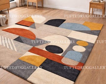 Modern abstrakt geometrisk matta - Färgglad mitten av århundradet modern matta för vardagsrum - Handtuftad golvdekor i Bauhaus-stil