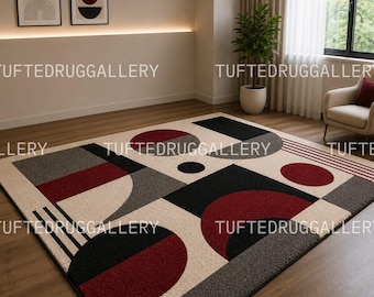 Handmade Tufted Area Rug, Large Abstract Geometric Bauhaus Floor Mat, Red Black Grey Modern Art Carpet for Living Room Bedroom