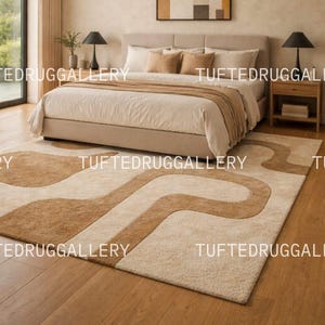 Stor abstrakt geometrisk ullmatta - Organisk modern vågig mönstrad matta i terrakotta och beige - Handtuftad matta från mitten av århundradet bild 3