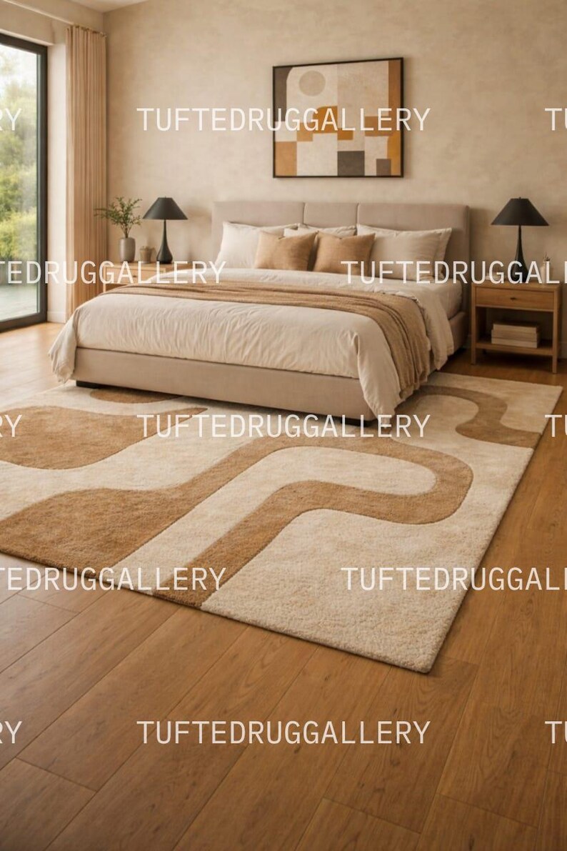 Stor abstrakt geometrisk ullmatta - Organisk modern vågig mönstrad matta i terrakotta och beige - Handtuftad matta från mitten av århundradet bild 3