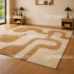 Stor abstrakt geometrisk ullmatta - Organisk modern vågig mönstrad matta i terrakotta och beige - Handtuftad matta från mitten av århundradet bild 1