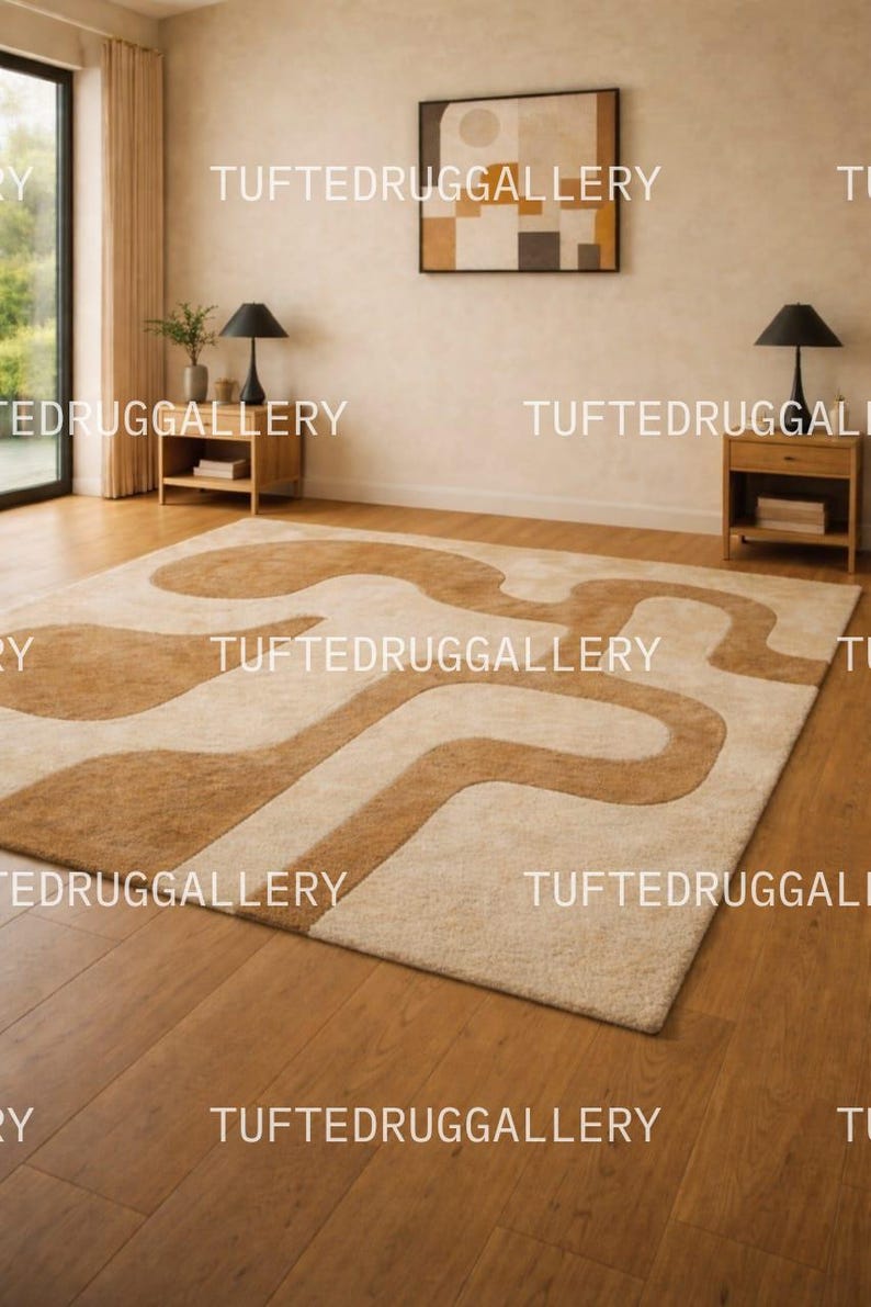 Stor abstrakt geometrisk ullmatta - Organisk modern vågig mönstrad matta i terrakotta och beige - Handtuftad matta från mitten av århundradet bild 1