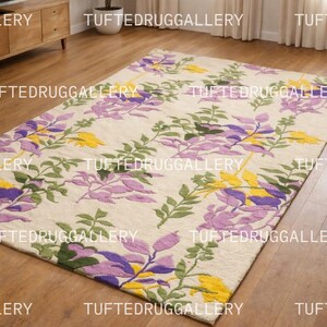 Hand Tufted Floral Area Rug - Purple Wisteria & Yellow Botanical Carpet for Living Room - Large Aesthetic Wool Rug Housewarming Gift