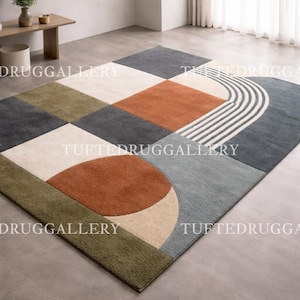 Bauhaus Style Geometric Rug, Modern Abstract Area Rug, Minimalist Rectangular Carpet for Living Room, Earth Tone Mid Century Decor Aesthetic