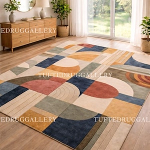 Mid Century Modern Geometric Area Rug, Bauhaus Style Abstract Tufted Carpet for Living Room, Earth Tone Large Rug, Retro Boho Home Decor