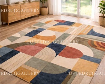Geometrisk matta i 50-talsstil, Bauhaus-stil, abstrakt tuftad matta för vardagsrum, stor matta i jordfärg, retro boho heminredning