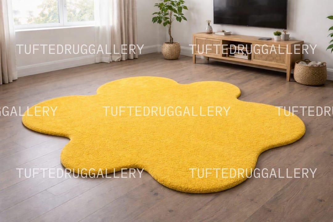 Yellow Flower Shaped Kids Rug - Fun Sun Cloud Nursery Carpet - Hand ...
