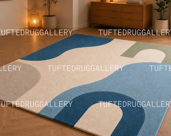 Handmade Tufted Rug | Modern Abstract Blue Area Rug | Custom Wool Fluffy Rug for Living Room, Cute Aesthetic Boho Home Decor