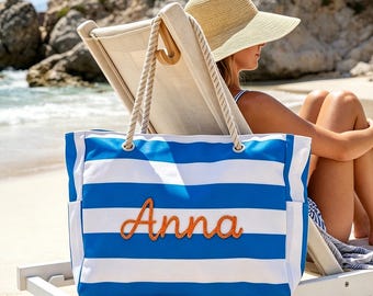 Personalized Striped Canvas Beach Tote Bag, Crochet Name Pool Bag