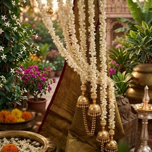 May include: A decorative hanging garland made of white jasmine flowers, featuring multiple strands adorned with polished gold-toned bell-shaped ornaments and dangling beaded chains, draped over a textured olive green fabric with a dark red border.