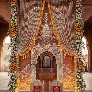 Puede incluir: Un telón de fondo decorativo para bodas con un gran mosaico de pavo real hecho de espejos, enmarcado por guirnaldas verticales de caléndulas naranjas y amarillas y rosas blancas. Dos sillas plateadas ornamentadas con cojines rojos estampados.