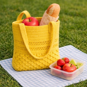 May include: A yellow crocheted tote bag filled with a red apple and a baguette in a paper wrapper. A clear plastic container holds strawberries, an apple, and melon slices. The scene is set on a blue and white checkered picnic blanket.