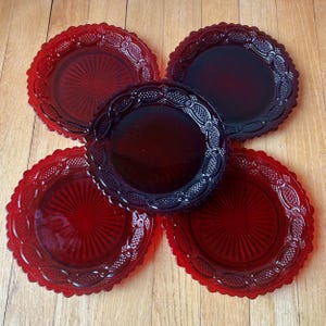 Vintage Avon 1876 Cape Cod Ruby Red Glass Dessert Plates, Set of 5