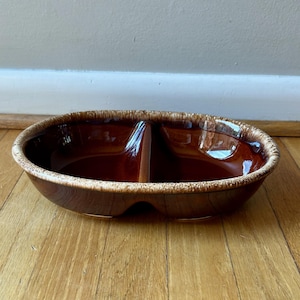 Vintage Hull Pottery Brown Drip/Mirror Brown Divided Serving Bowl